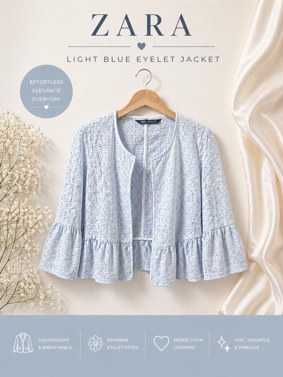 Zara Jackets & Blazers - Zara Light Blue Eyelet Open Front Jacket